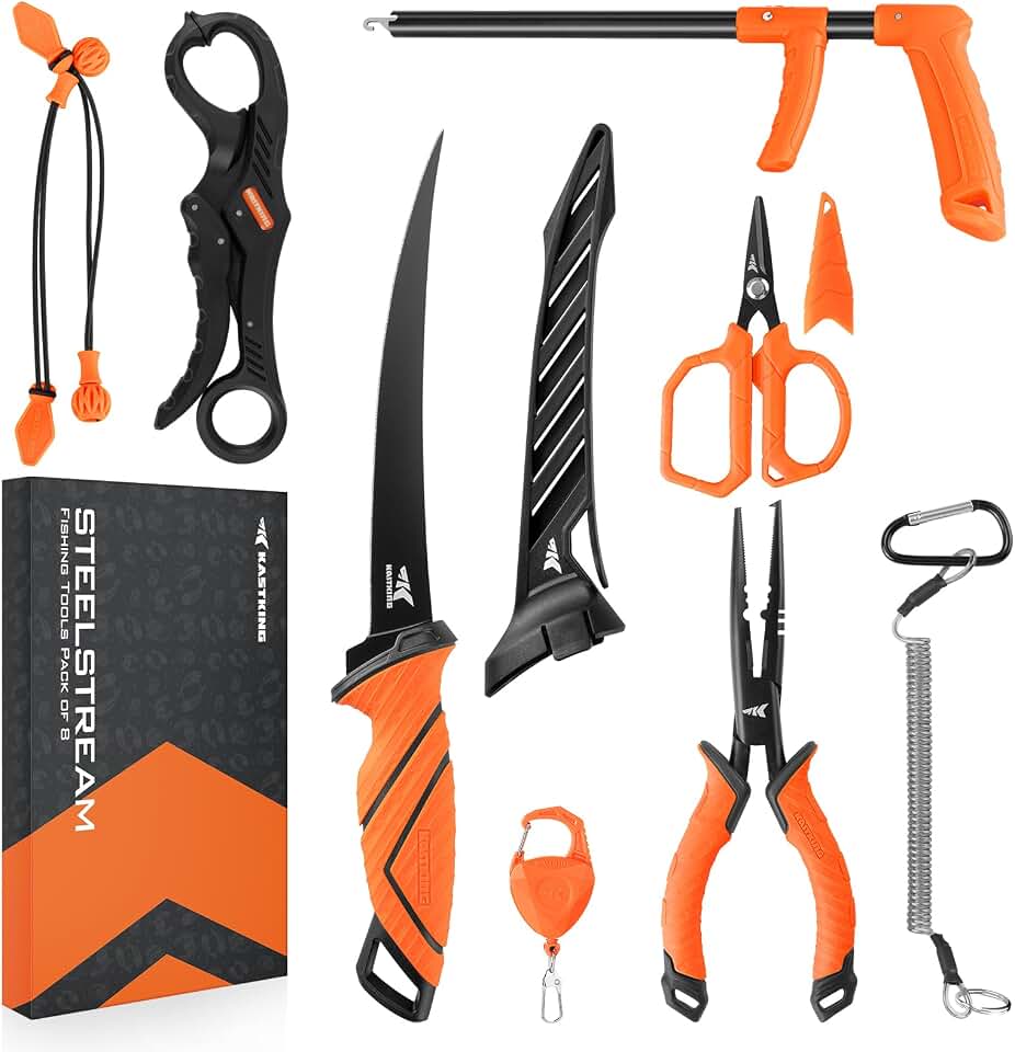 KastKing SteelStream 8pc Fishing Tool Kit, Fishing Gear and Gifts for Men | Corrosion-Resistant Fishing Pliers with Lanyard, Fishing Fillet Knife, Floating Fish Lip Gripper, Fishing Braid Scissors