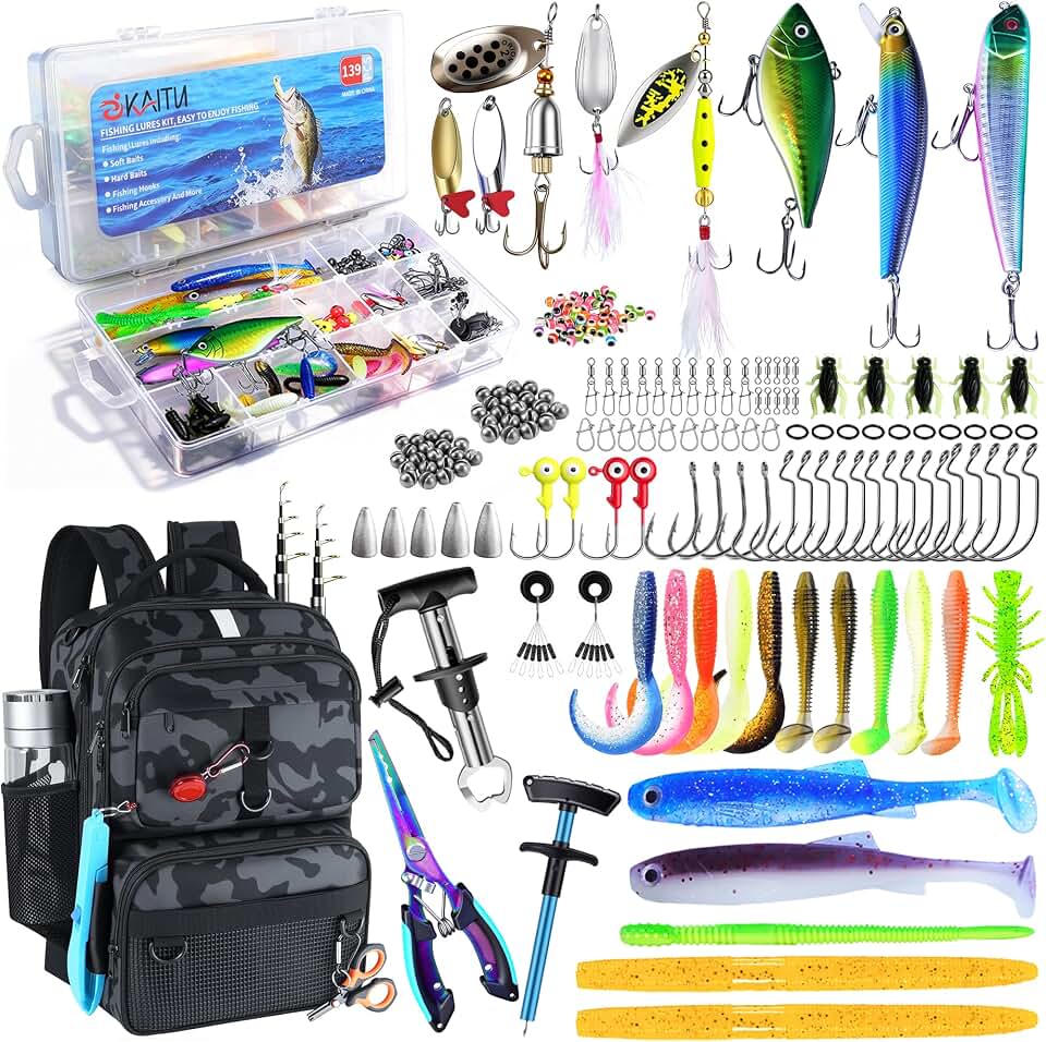 Fishing Backpack with Tackle Boxes and Rod Holder, Fish Lure Kit and Tool | Waterproof Tackle Backpack 24L Fishing Bag with Fishing Gear, Accessories, Gifts for Men Women Outdoor Black Camo Back Pack