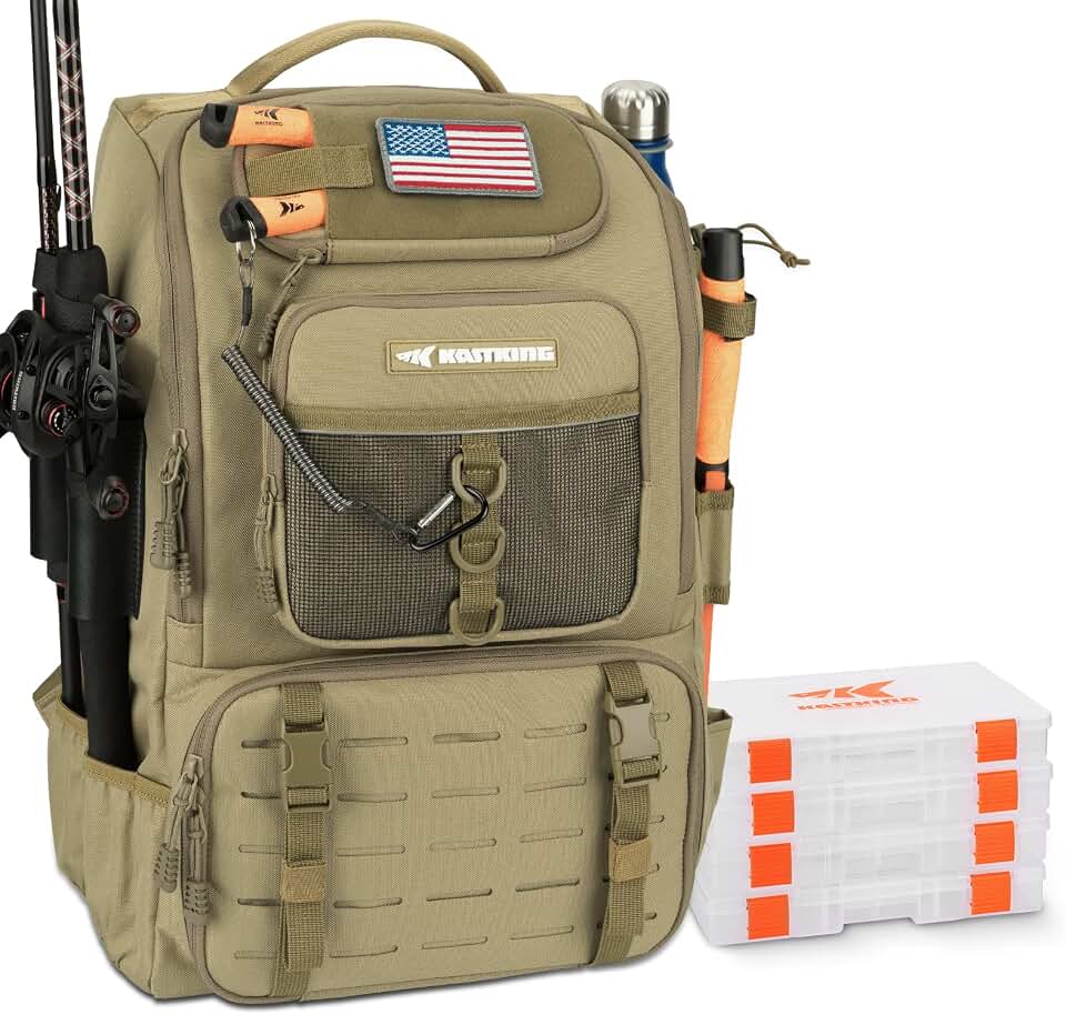KastKing KarryAll Fishing Backpack with Rod Holder 4 Tackle Boxes, 40/26L | Tackle Bag Storage Fishing Gear and Equipment, Water‑Resistant Material, Fishing Gift for Men