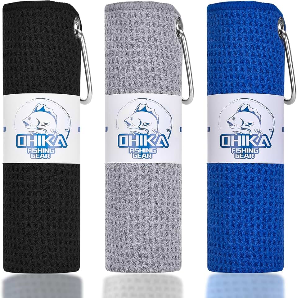 Microfiber Fishing Towels with Clip, Waffle Pattern for Effective Cleaning of Fishing Gears or Dirty Hands, 16” x 16”, Camping Towels, Hiking Towels, Pack of 3 (Black/Grey/Blue)