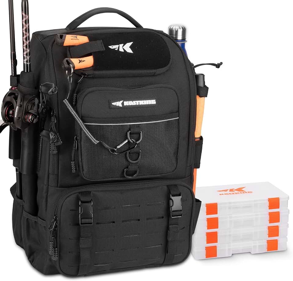 KastKing KarryAll Fishing Backpack with Rod Holder 4 Tackle Boxes, 40/26L | Tackle Bag Storage Fishing Gear and Equipment, Water‑Resistant Material, Fishing Gift for Men