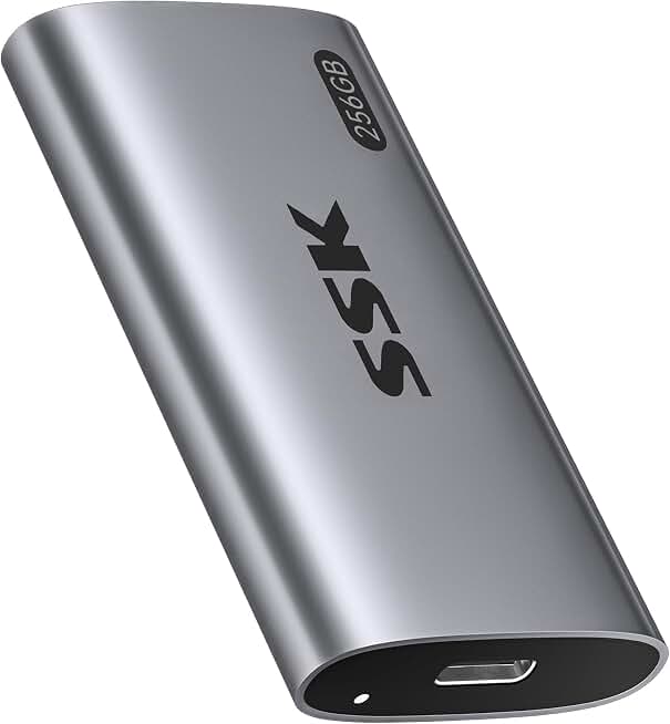SSK 256GB Portable SSD External Hard Drive Solid State Drive Up to 550MB/s | USB 3.2 Gen2 6Gbps External SSD, USB-C cable and USB-A adapter, LED, Trim &amp; SMART, On-The-Go (OTG), Compact Design,
