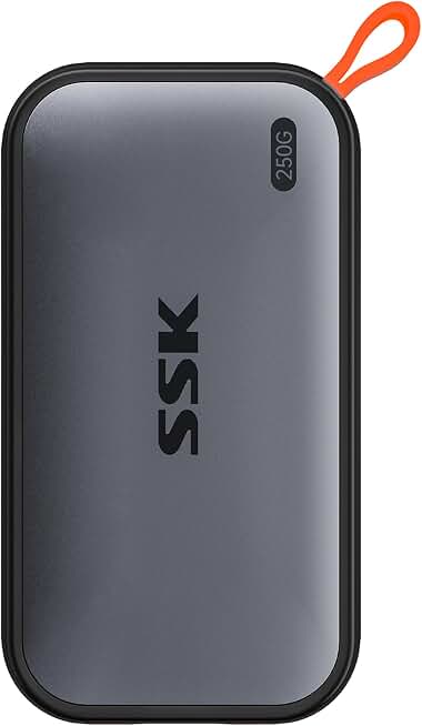 SSK Portable SSD 250GB External Solid State Hard Drive USB C Up to 1050MB/s | USB3.2 Gen2 A&amp;C Cable, SMART &amp; TRIM, 4KHDR ProRes, LED Light, OTG, iPhone 15/16/17Pro Wide Compatible, Aluminum