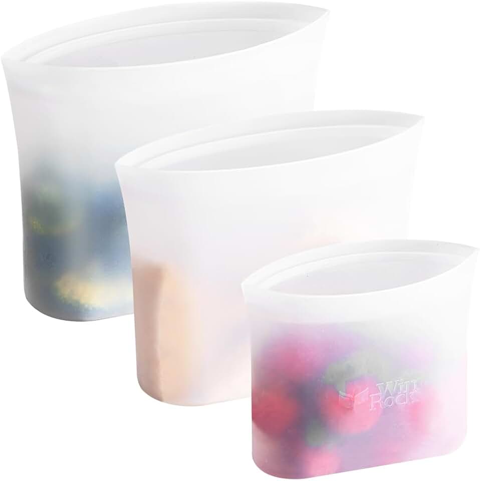 Winrock Reusable 100% Silicone Food Storage Bags, Sandwich Snack Bags New Generation Stand Up Zip Container for Soup and Leftovers, Plastice &amp; BPA Free, Microwave Oven Safe 3 Pack (51oz, 34oz, 17oz)