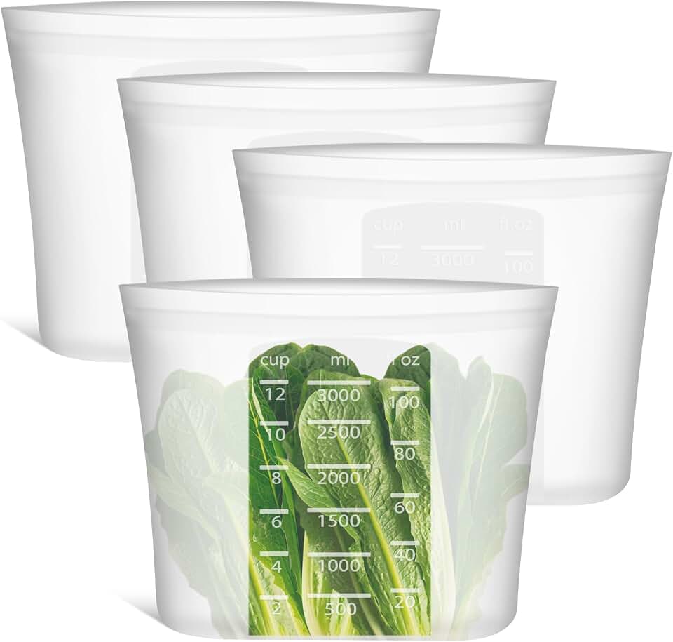 Extra Large Reusable Silicone Food Storage Bags 4 Pack, 0.8 Gallon/3000ml, 100% Silicone Stand-Up Wide-Open Zip-Lock Reusable Bags for Large Items, Microwave Freezer Oven Dishwasher Safe, Translucent