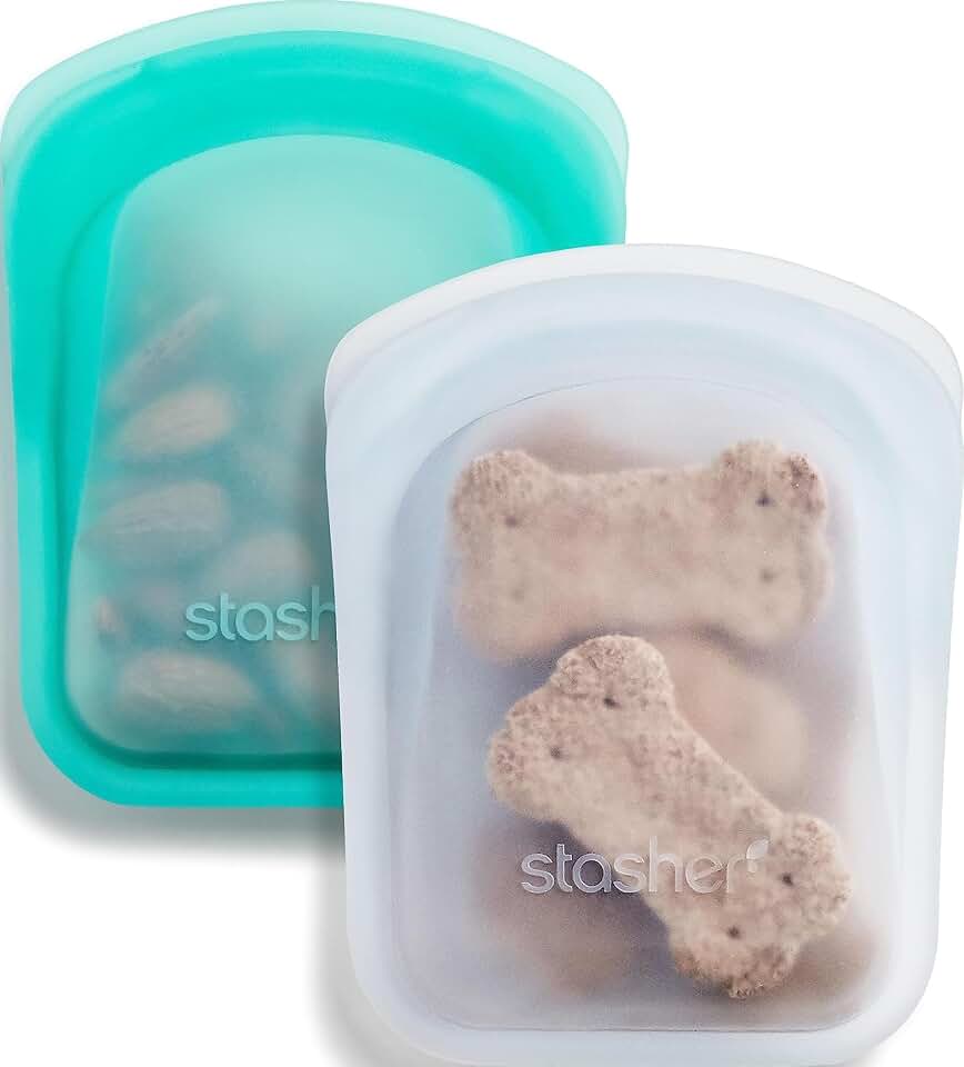Stasher Premium Reusable Silicone Pocket Bags, 2-Pack, Clear and Aqua, 4 oz | Food-Safe Silicone, BPA-Free, Leak-Free, Eco-Friendly, Freezer, Microwave, Dishwasher, Oven, Travel Storage, Food-Safe