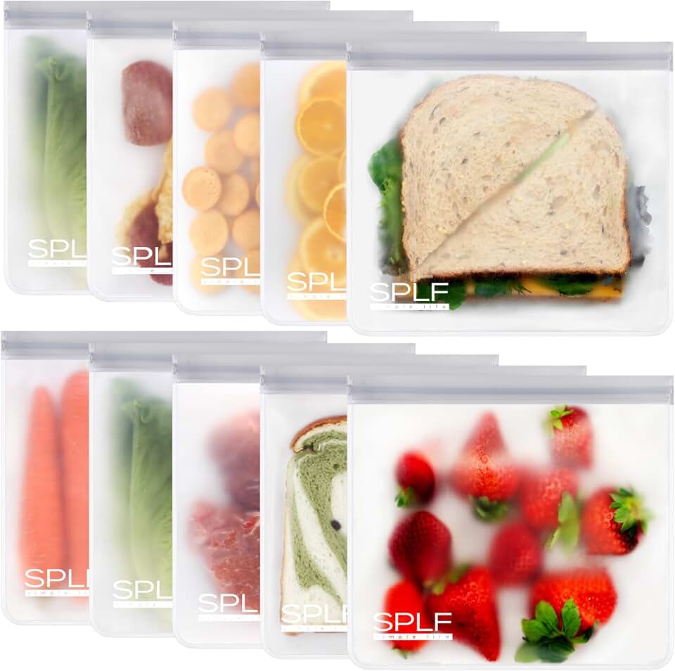 SPLF 10 Pack Reusable Sandwich Bags Dishwasher Safe, Gray | Reusable Quart Freezer Bags, Extra Thick Leakproof Food Storage Bags Silicone Free for Marinate Meats, Cereal, Lunch, Travel