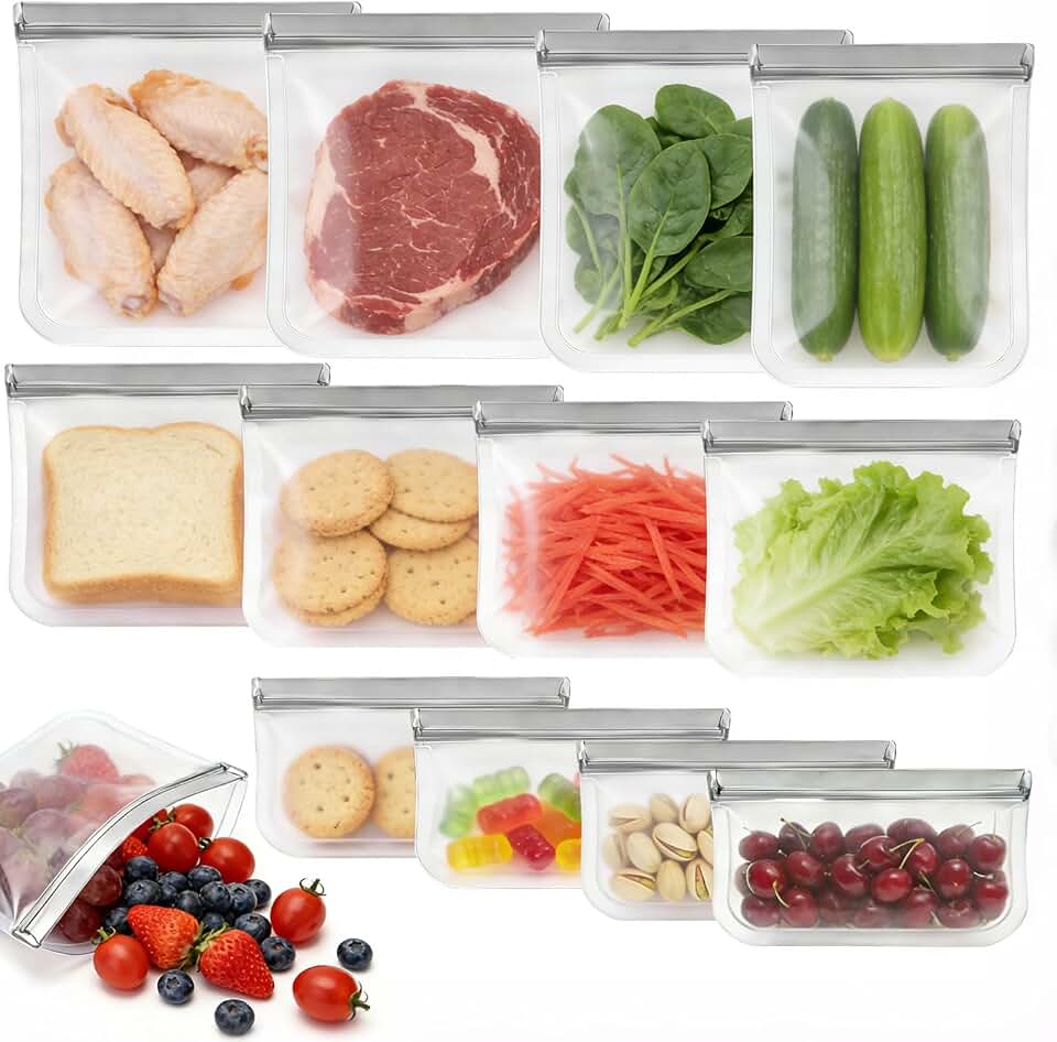12 Pack Silicone Bags for Food Storage,Reusable Silicone Food Storage Bags,Freezer &amp; Dishwasher Safe,Silicone Gallon Freezer Bags,Leakproof-4 Gallon 4 Snack 4 Sandwich Bags,Grey