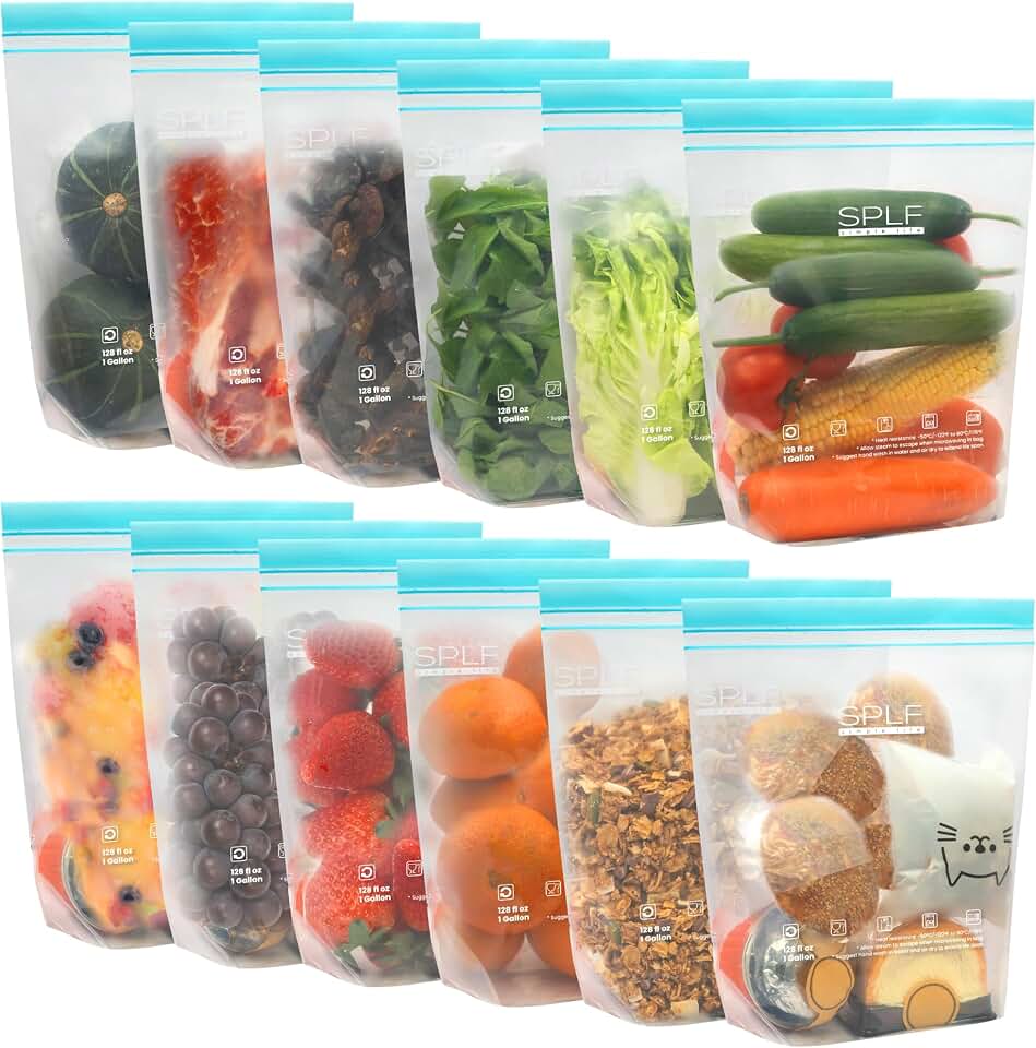 SPLF 12 Pack Reusable Gallon Freezer Bags Dishwasher Microwave Safe | 1 Gallon BPA Free Leakproof Food Storage Bags, Silicone Free Containers for Meal Prep, Fridge Kitchen Organization