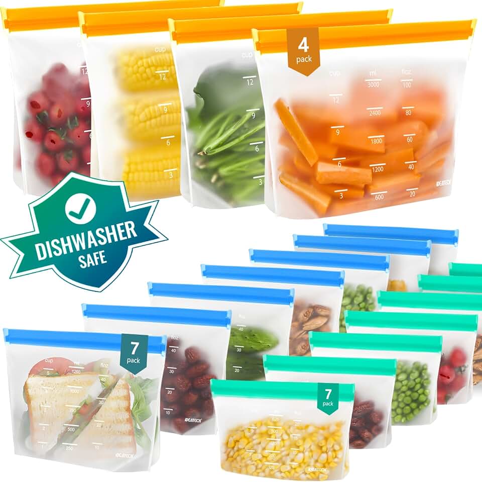 IDEATECH 18Pack Reusable Food Storage Bags, Reusable Freezer Bags Stand Up | Dishwasher Safe, Leakproof, BPA-Free Food Grade, Fridge and Freezer Safe Bags for Lunch Prep, Sandwiches, Snacks &amp; Daily Use