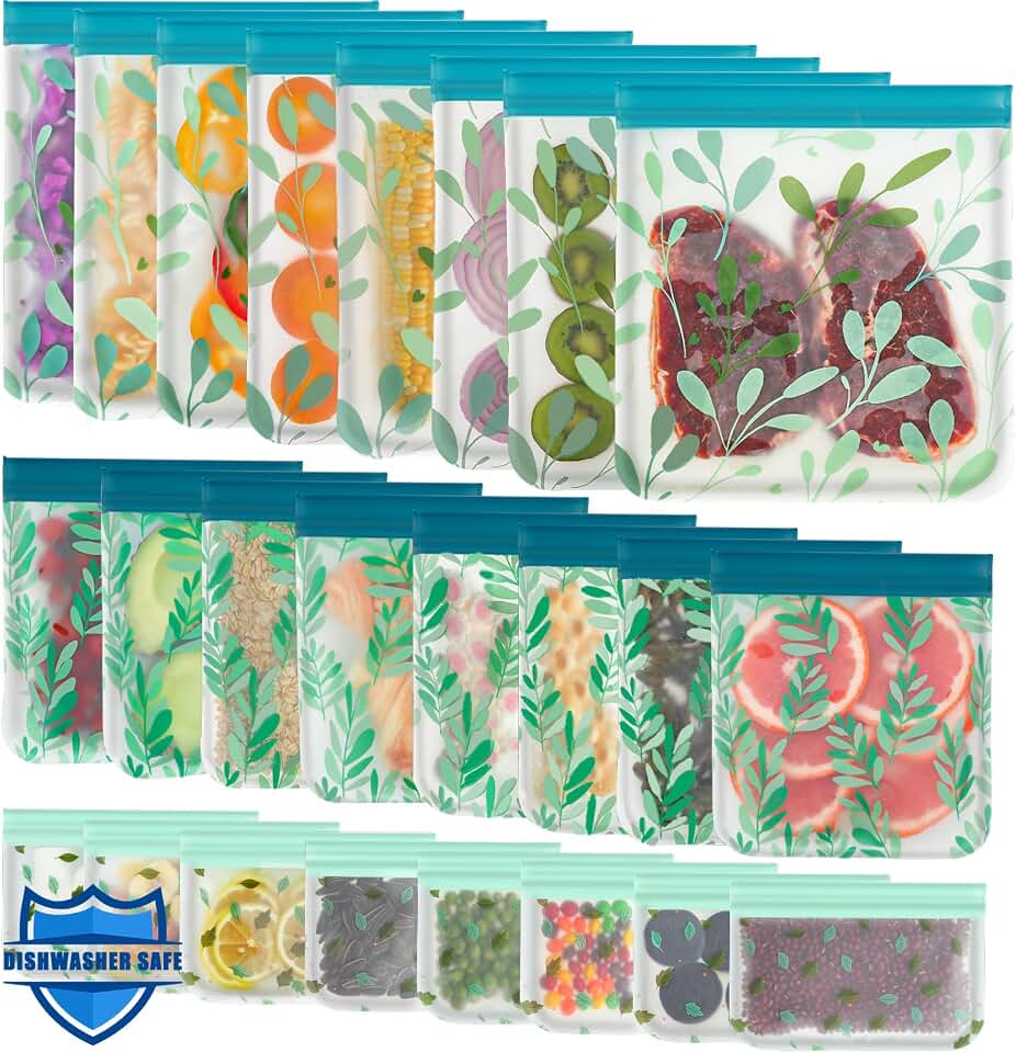 24 Pack Dishwasher Safe Reusable Bags Silicone, Leakproof Reusable Freezer Bags for Food Storage, Home Organization, Travel &amp; Make-up, BPA-Free for Salad and Fruit