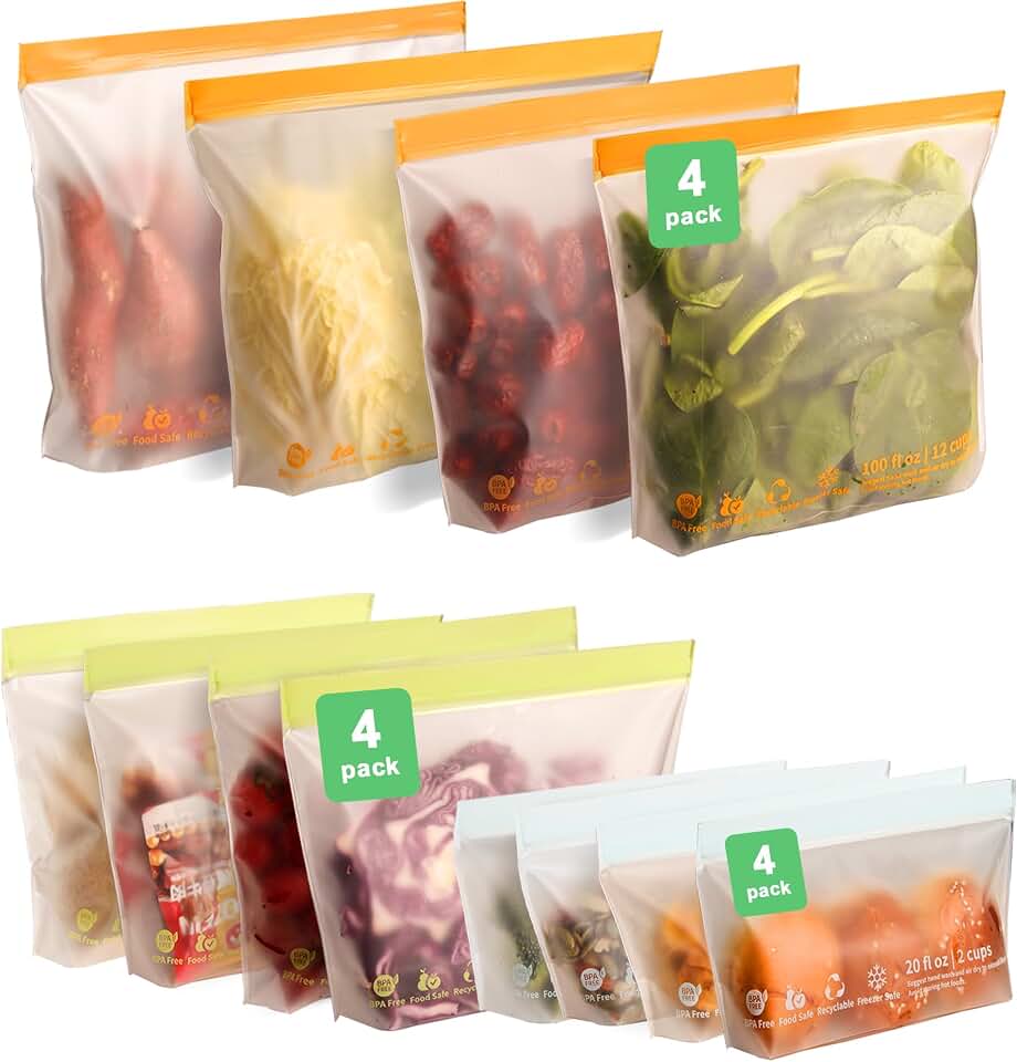 12 Pack Reusable Sandwich Bags, Silicone Bags for Food Storage Freezer Bags | Reusable Silicone Food Storage Bags for Snack and Sandwich, BPA Free Leak Proof 4 Gallon Bags, 4 Sandwich Bags, 4 Snack Bags