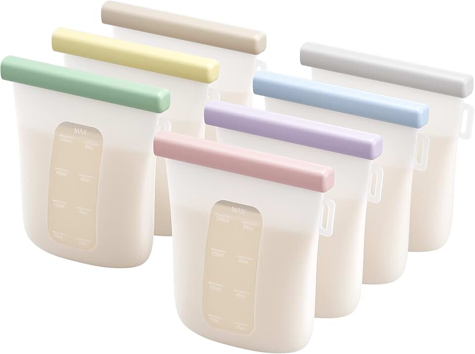 Nuliie 7 Pcs Silicone Breastmilk Storage Bags Reusable, 8oz/240ml Double Leak-Proof Breastmilk Freezer Bags, BPA Free Self-Standing Milk Bags for Breastfeeding, Baby Food Pouches ClimatePartner certified