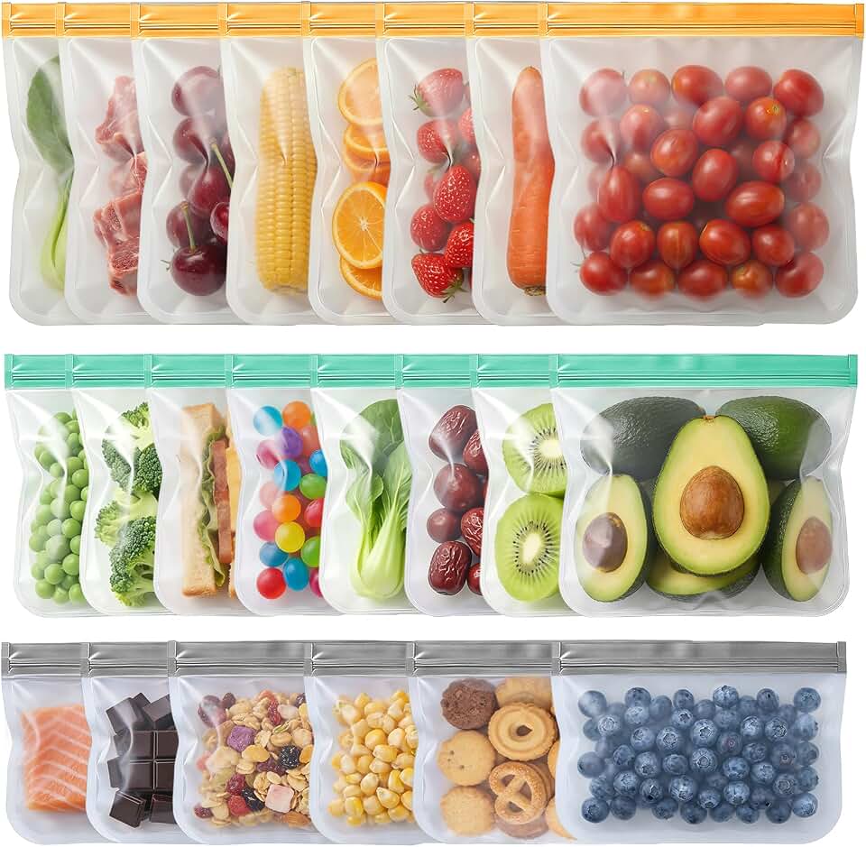20 Pack Reusable Freezer Bags, Leakproof Reusable Silicone Food Storage Bags BPA Free Contaizers, Snack Sandwich Gallon Bags for Meal Prep, Marinate Meat, Salad Fruit, Veggies, Lunch, Travel, Kitchen