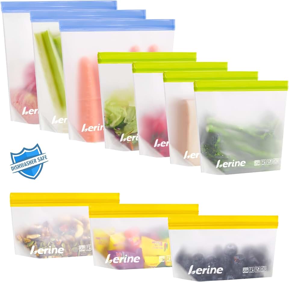 Lerine Stand Up Reusable Freezer Bags Dishwasher Safe, 10 Pack, Muliticolor | Food Storage Bags, Leakproof, Double Seal Closure, Food-Grade Material, BPA-Free, Easy to Clean, for Marinating, Meal Prep