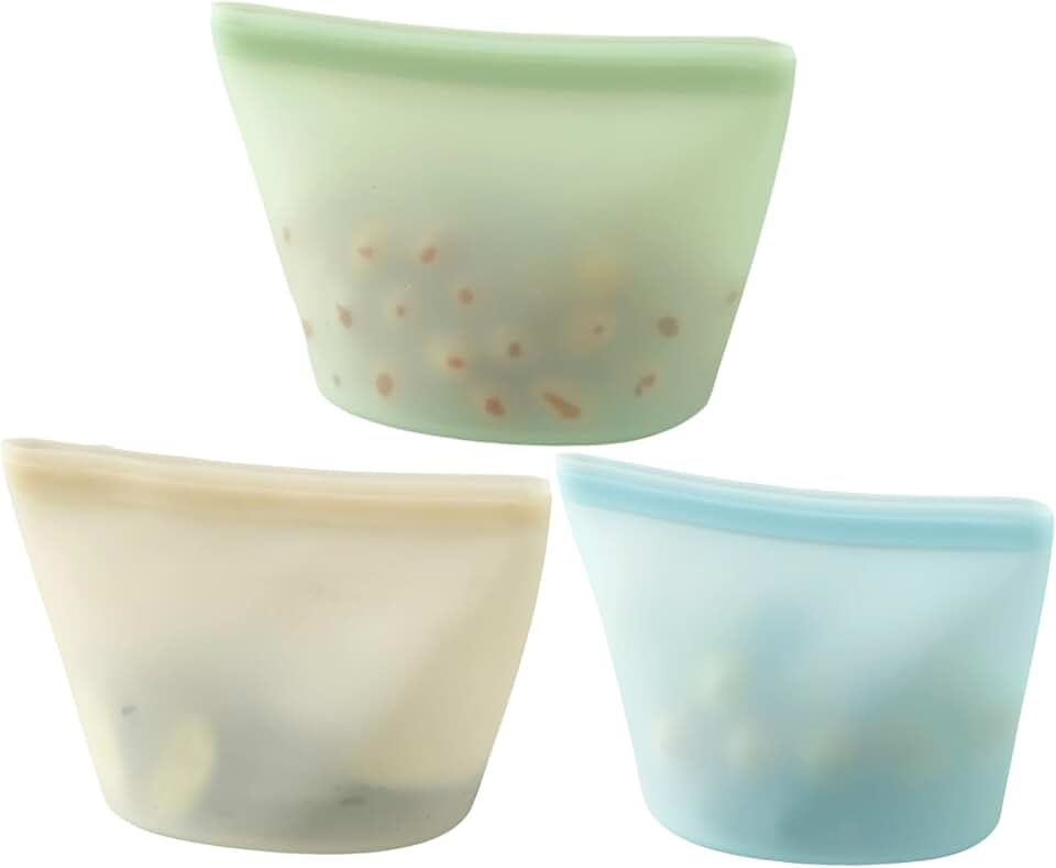 PandaEar 3-Pack Reusable Silicone Food Storage Bags, Leakproof, BPA Free | Lead, PVC, latex and phthalate free, dishwasher safe, stand-up design with air-release valve, 17oz/500ml capacity