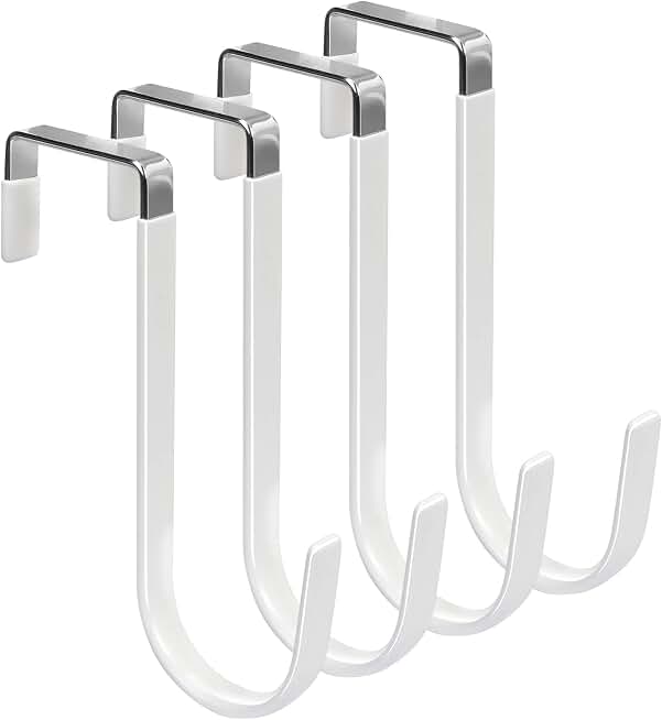 FYY Over the Door Hooks, Single-Hanger 4 Pack, Fits Doors 1 3/8" White | Heavy Duty Metal, Hold 20lbs, Rubber-Coated, No-Drilling, for Bathroom Dorm, Hanging Towels Clothes Hats Bags Coats Wreaths Global Recycled Standard