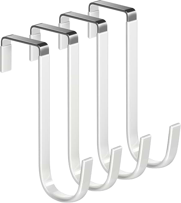 Mars-Rock Single Over Door Steel Hooks 4 Pack Fit 1-3/8" Door 5.5" White | Plastic Coated Rubber Feel Towel Rack Robe Coat Shoe Wreath Hanger No Damage No Scratch for Bathroom Heavy Duty Thin Top