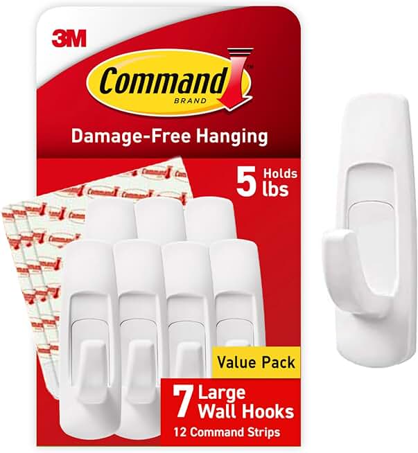 Command Large Utility Hooks, 7-Hooks, 12-Strips, Organize Damage-Free | Damage-Free Hanging Wall Hooks with Adhesive Strips, No Tools Adhesive Hooks for Hanging Decor, Holds up to 5 lb