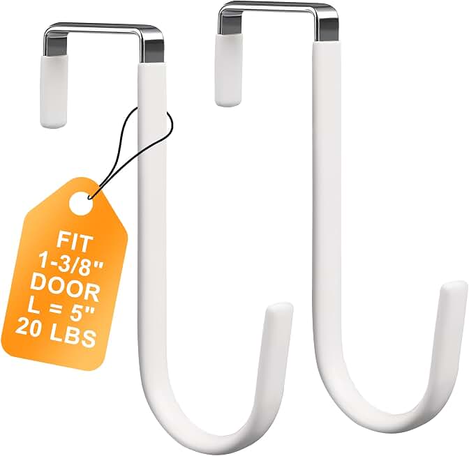 Over The Door Hooks 2 Pack – Heavy Duty Door Hanger Hooks for Hanging Towels, Bags, Robes, Clothes – No Drilling Over Door Hook, Dorm Essentials, Towel Racks for Bathroom, Bedroom, Closet