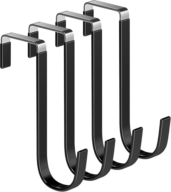 Mars-Rock Single Over Door Steel Hooks 4 Pack Fit 1-3/8" Door 5.5" Black | Plastic Coated Rubber Feel Towel Rack Robe Coat Shoe Wreath Hanger No Damage No Scratch for Bathroom Heavy Duty Thin Top