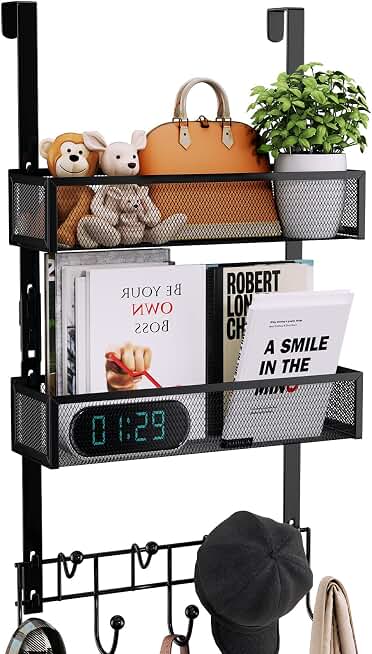 Consumest Over The Door Hooks Organizer - 3 Tier Door Hanger with 9 Coat Hooks &amp; 2 Mesh Basket, Back Storage Organizer Hanging Towels for Bathroom, Bedroom, Black