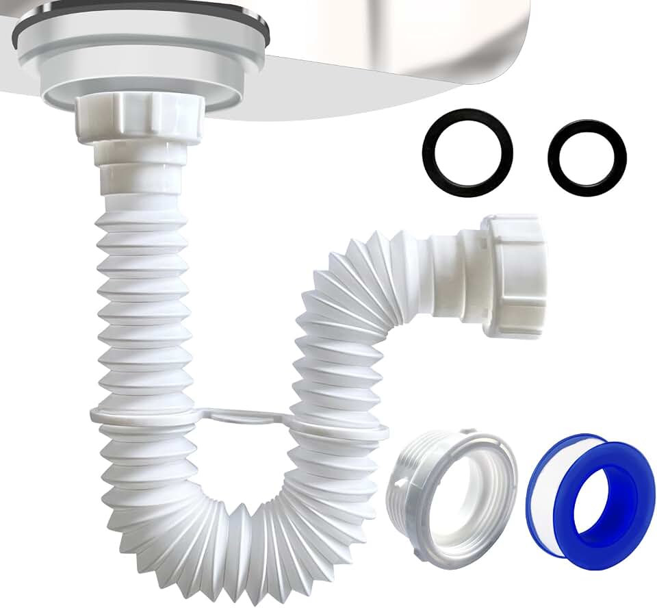 VIVIDA 1-1/2" Sink Drain Pipe, Flexible Kitchen Sink P Trap, White, 1-Pack | 7.5"-17.7" Flexible Drain P Trap, Under Sink Plumbing, For Bathroom and Kitchen, With 1-1/4" Adapter Included