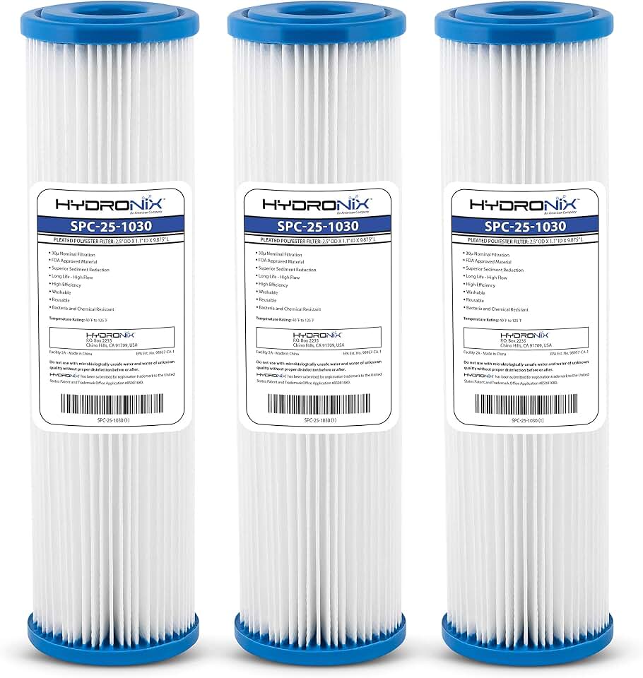 Hydronix HX-SPC-25-1030/3 Universal Whole House Sediment Pleated Water Filter Washable Reusable 2.5" x 10", 30 Micron 3 Pack, White