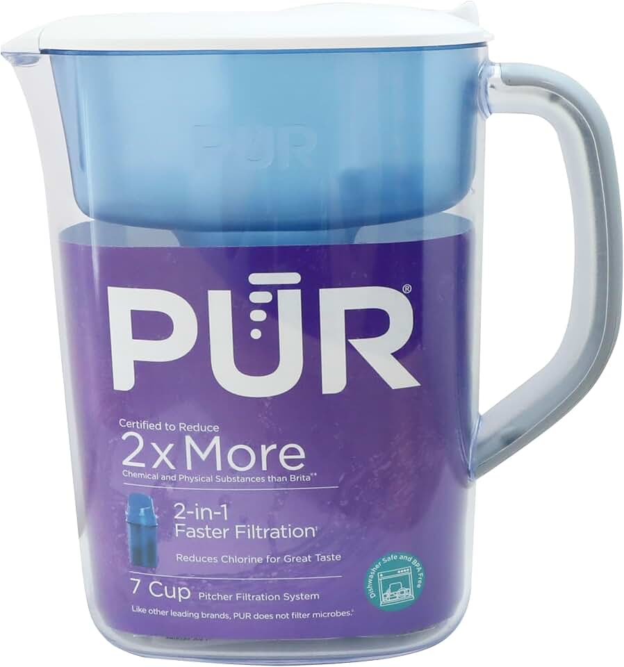 PUR 7-Cup Water Filter Pitcher, Includes 1 Genuine PUR Filter, White | Cleaner, Great-Tasting Water, Dishwasher Safe, Powerful, Faster Filtration, LockFit Cap Design