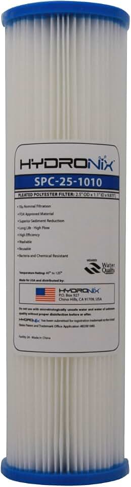 Hydronix SPC-25-1010 Universal Whole House Sediment Pleated Water Filter, Washable and Reusable, 2.5" x 10" - 10 Micron