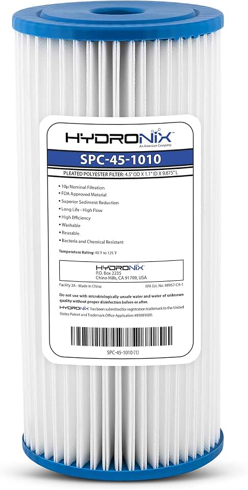 Hydronix SPC-45-1010 Universal Whole House Sediment Pleated Water Filter, Washable and Reusable, 4.5" x 10" - 10 Micron