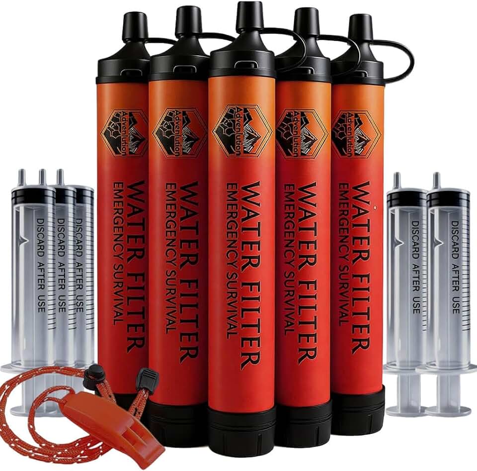 5-Pack Personal Water Filter Straw with Emergency Whistle, Portable Reusable Survival Filter for Family Camping, Hiking, Backpacking &amp; Emergency Preparedness