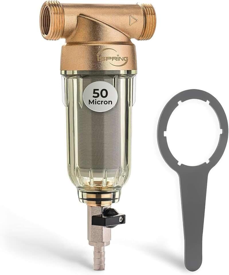 iSpring WSP-50 Spin Down Sediment Filter, Whole House Prefilter, 50 Micron | Flushable Sediment Buster Prefilter for Well Water, Reusable Stainless Steel Mesh, Dual O-Ring, Lead-Free Brass, Leak-Free