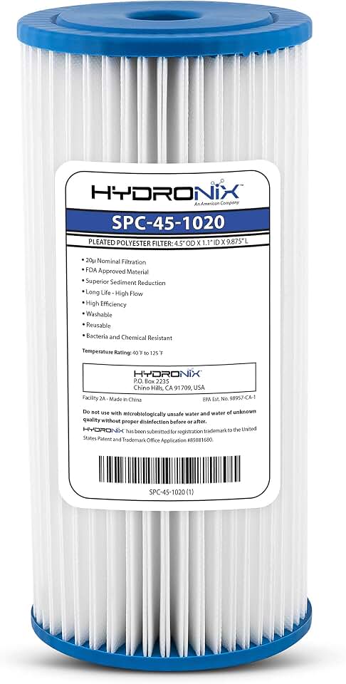 Hydronix SPC-45-1020 Universal Whole House Sediment Pleated Water Filter, Washable and Reusable, 4.5" x 10" - 20 Micron