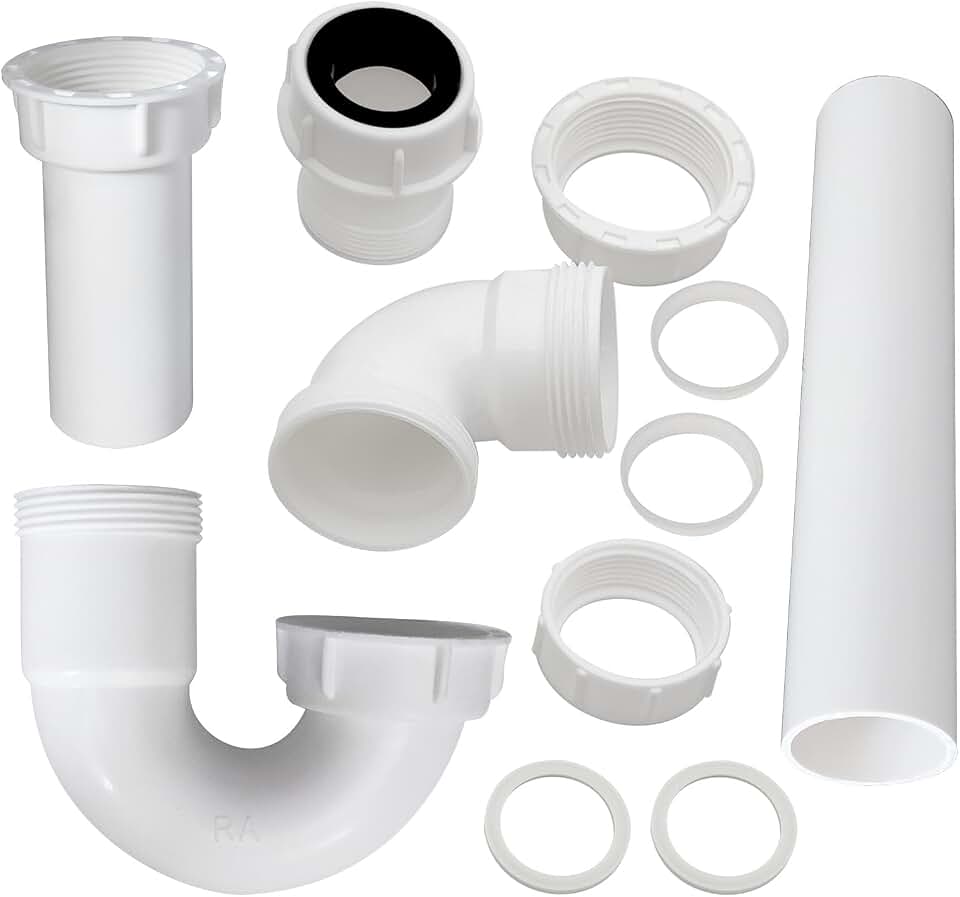 P Trap for Bathroom Sink Drain Pipe Kit 1-1/2" or 1-1/4" Sink Trap – Rust-Resistant Plumbing System for Kitchen &amp; Bathroom, Includes Straight Pipes/Reversible J-Bend/Adapter and Washer