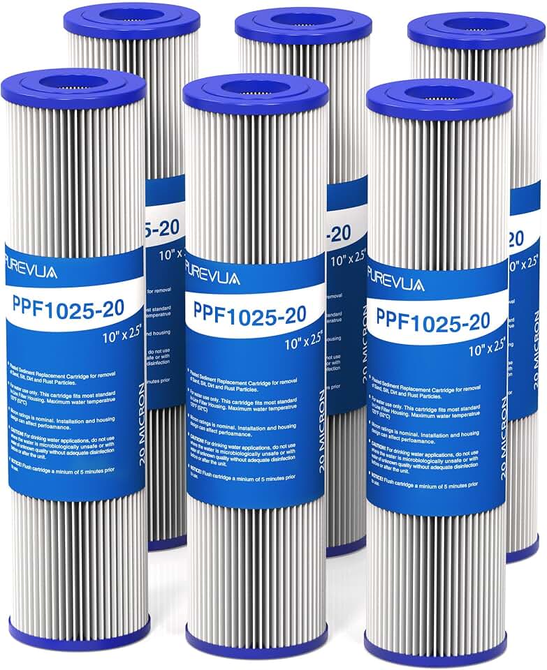 20 Micron Pleated Water Filter Cartridge 10" x 2.5", 6-Pack | Washable &amp; Reusable PET Sediment Filter, Well Water &amp; Whole House Pre-Filter, Replacement WFPFC3002, WHKF-WHPL, AO-WH-PRE-RP2