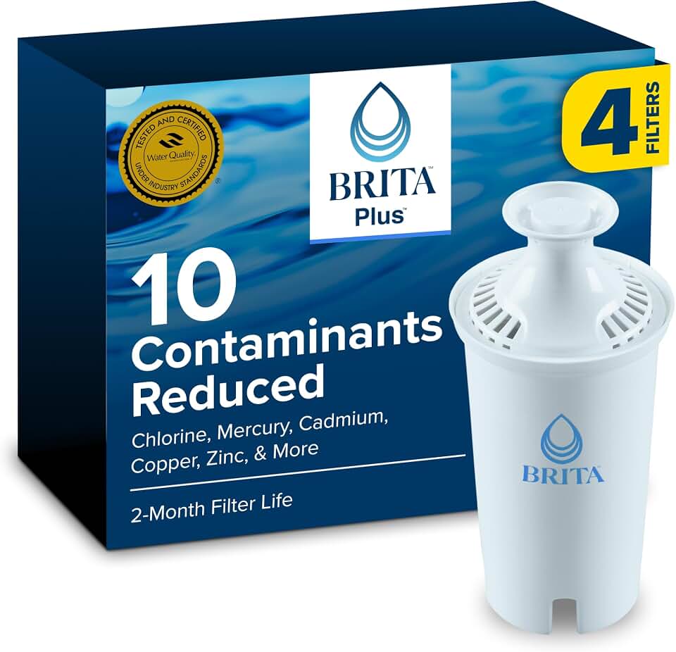 Brita Plus Replacement Water Filter, For Pitchers and Dispensers, 4 Pack | WQA and NSF/ANSI Certified, Reduces Chlorine, Copper, Mercury &amp; Cadmium, Lasts 2 Months, Household Essential