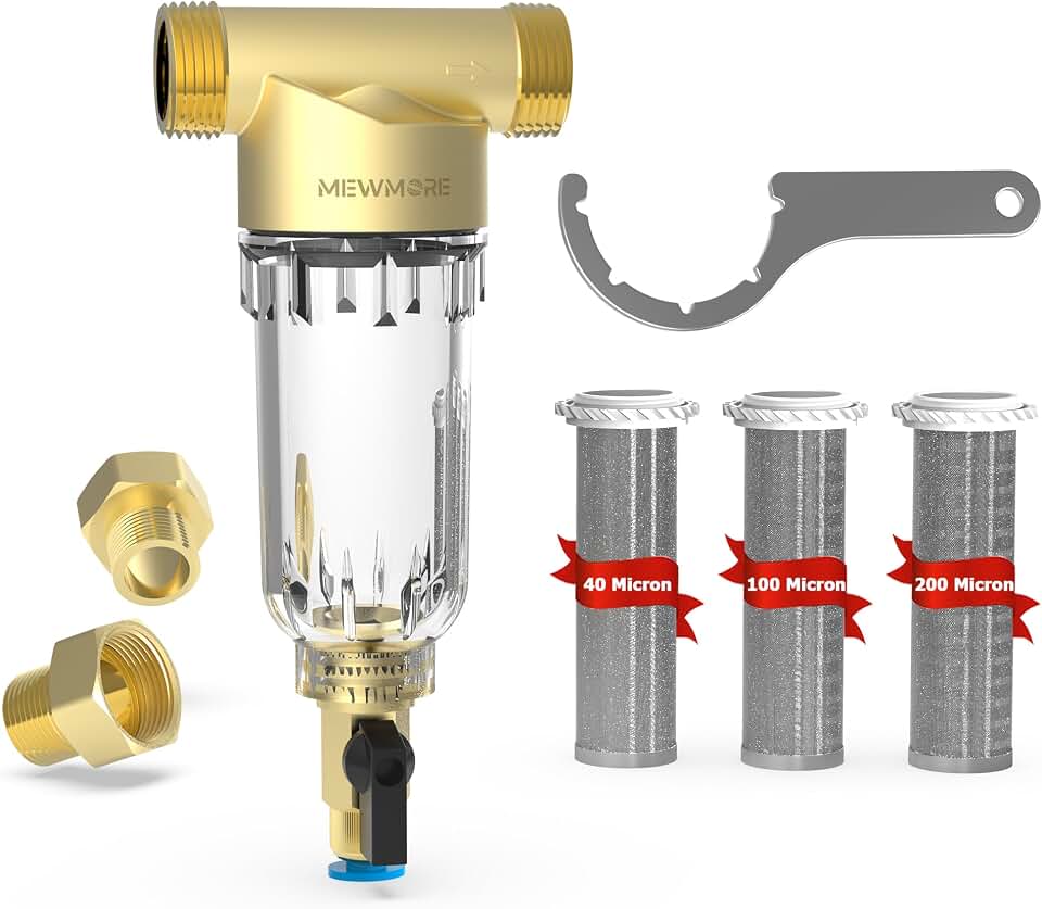 WHC40 Whole House Spin Down Sediment Filter with 1"MNPT &amp; 3/4"FNPT | Includes 40, 100 &amp; 200 Micron Filters, 3/4" MNPT Adapter, Flushable &amp; Reusable, For Well Water &amp; Home Pre-Filtration