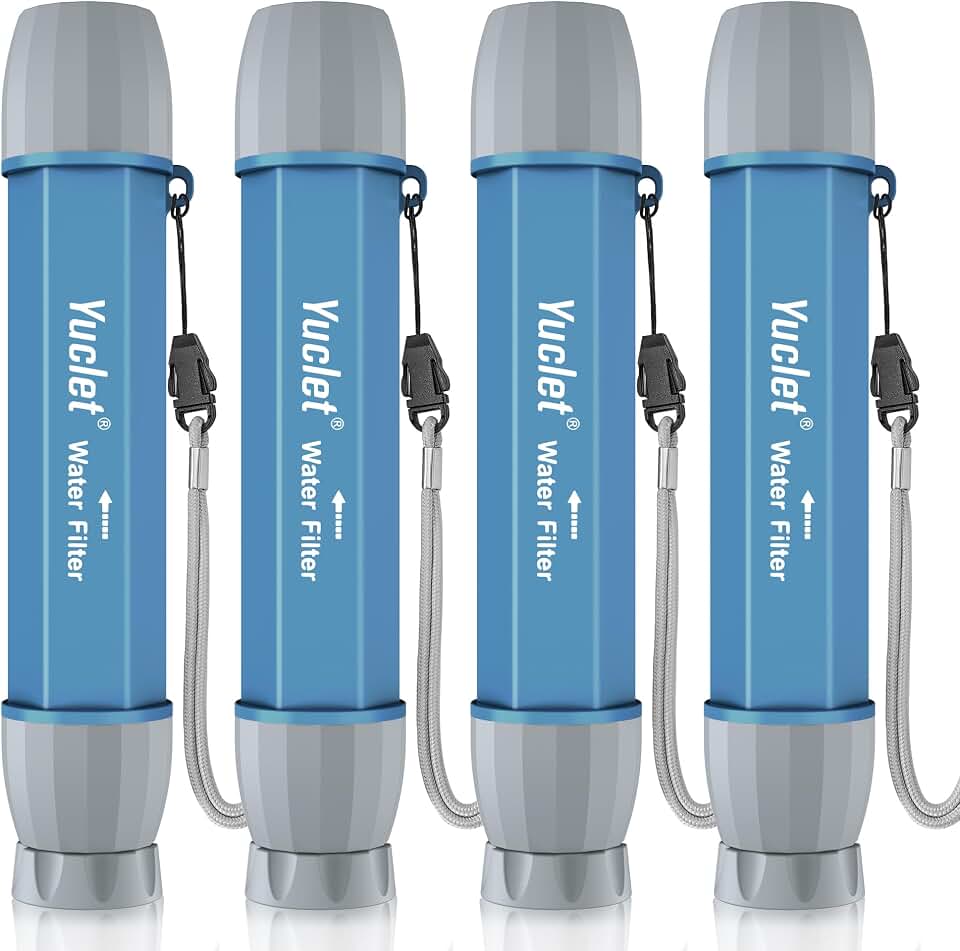 Yuclet Emergency Water Filter Straw for Survival, Camping &amp; Hiking, 4 Pack | 0.1 Micron Hollow Fiber, Reusable &amp; Portable, 1300 Gallons, No Expiration Date, Survival Gear &amp; Supplies, Family Survival Kit