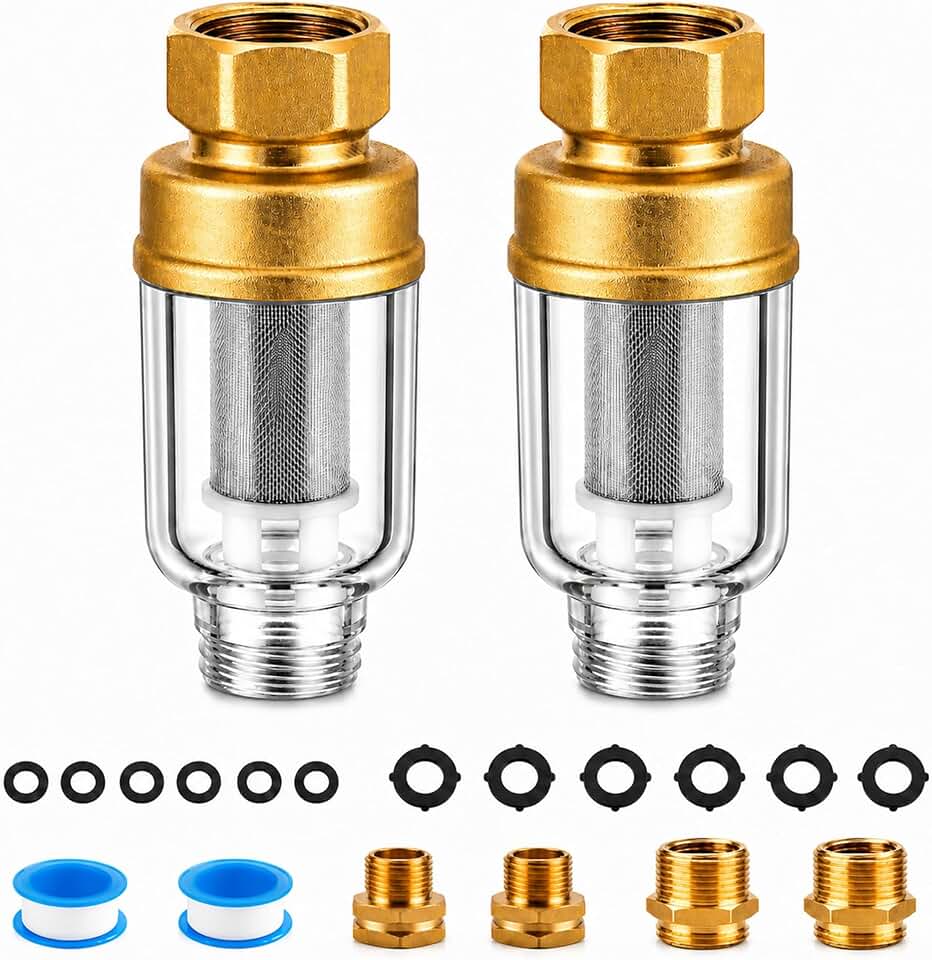 2 Pack Washing Machine Water Filter, Reusable 50 Micron Sediment Filter | with Stainless Steel Screen, 3/4" Brass Adapters, Inline Washer Inlet Filters for Hot &amp; Cold Water, Rust, Sand &amp; Sediment