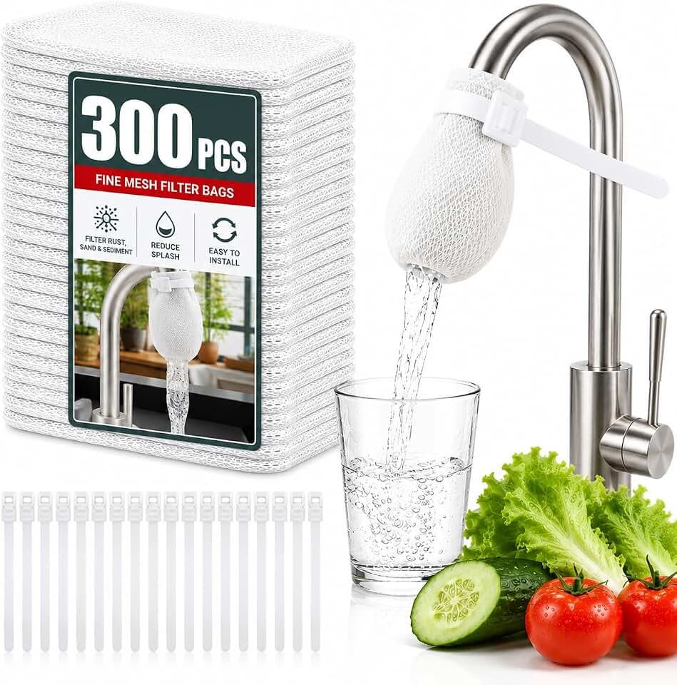 300PCS Faucet Filter Bags with 30 Reusable Hook-and-Loop Straps, Fine Mesh Universal Sink Faucet Filter Sleeves for Rust, Sand, Sediment &amp; Splash Reduction, Kitchen Bathroom Use