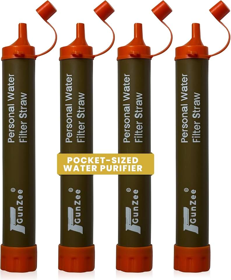 GunZee Personal Water Filter Straw, Reusable Straws for Drinking Clean, Filtered Water, Portable &amp; Lightweight, Ideal for Camping, Hiking, Fishing, and Backpacking, Survival Gear and Supplies, 4-Pack