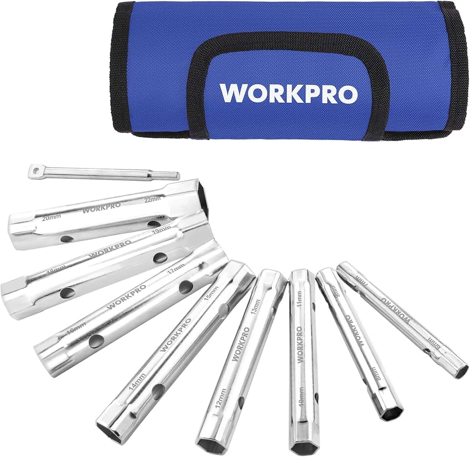WORKPRO 9-Piece Shower Valve Socket Wrench Set with Bar Handle | Dual-Ended Socket Wrench for Bathroom Removal of Tub and Shower Valves, Home Plumbing Repairs, Double-Ended, Storage Pouch