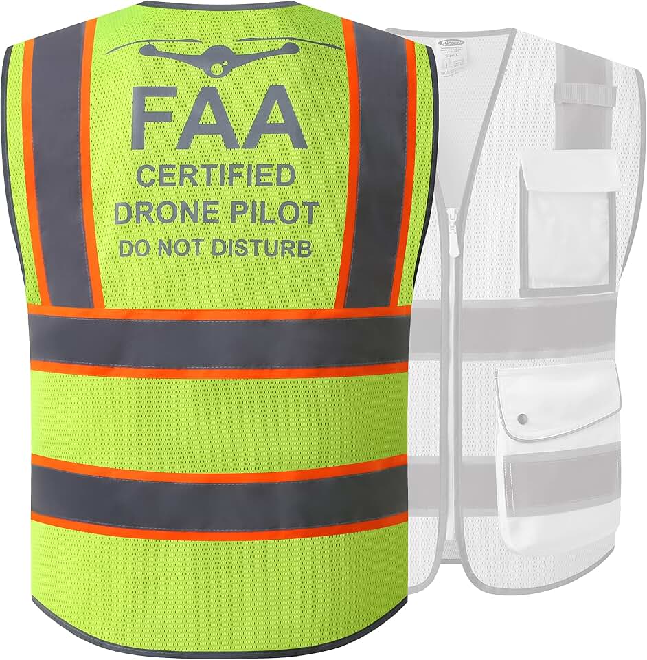 JKSafety Licenced Drone Pilot Reflective Safety Vest JK100FAA Yellow L | 4 Reflective Strips, 9 Pockets ANSI Class 2 FAA-Compliant Drone Pilot Vest Breathable Mesh for UAV &amp; Field Operations OEKO-TEX STANDARD 100