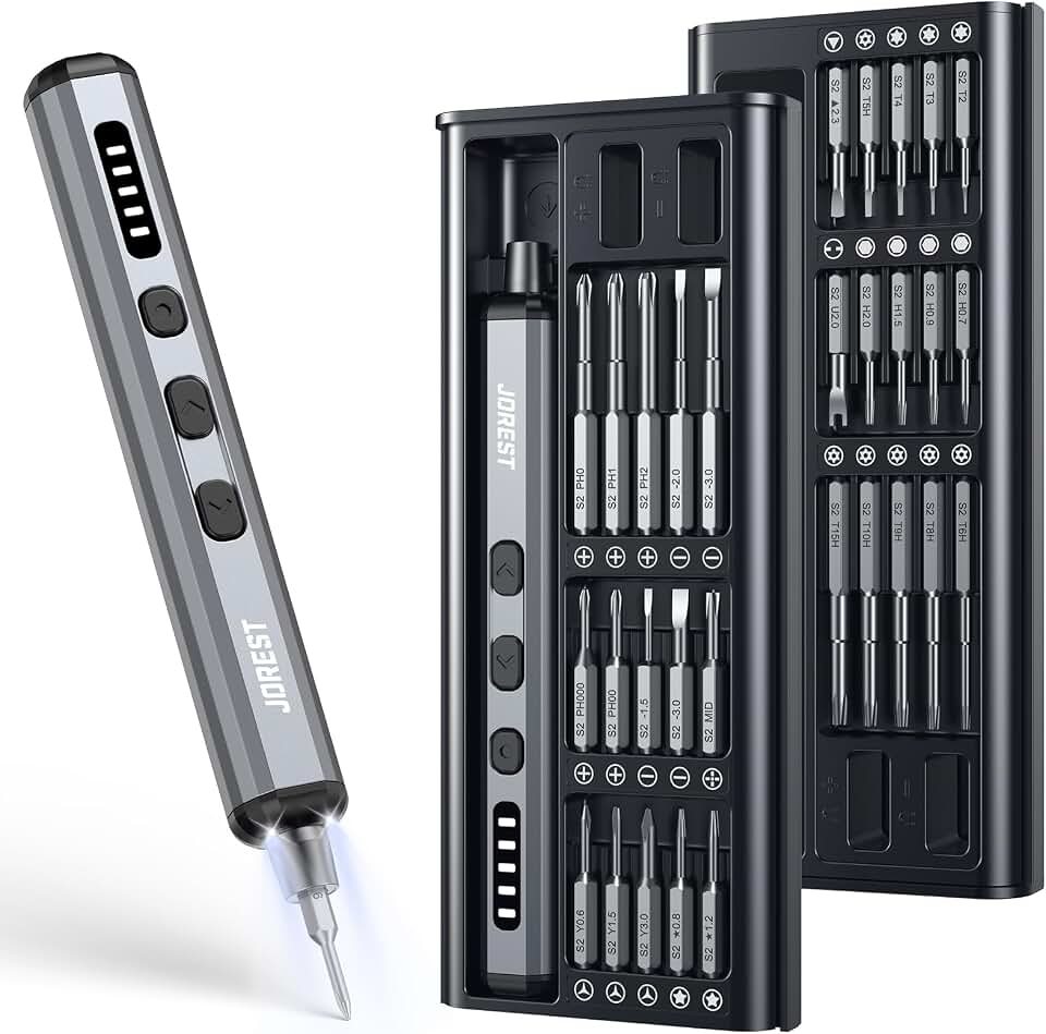 JOREST Mini Electric Screwdriver, Small Cordless Precision Screwdriver set with 38 Magnetic Bits, 5 Torque Settings, Repair Tool for iPhone, Laptop, Drone, Game Console, Camera; Gift for Father Recycled Claim Standard 100
