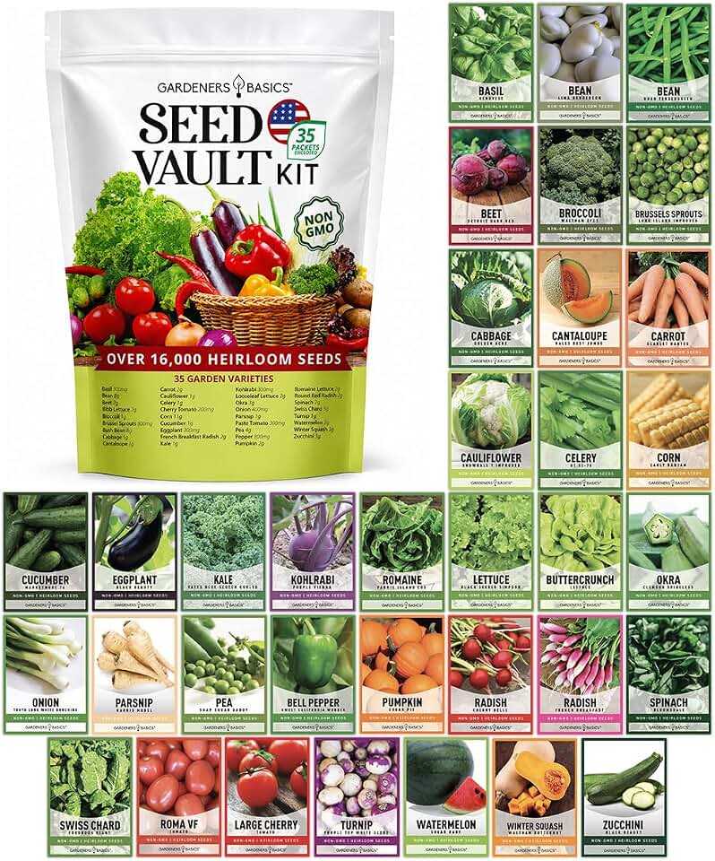 Gardeners Basics Survival Seed Vault Kit, Vegetable Seeds for Planting | 35 heirloom, non-GMO, non-hybrid, open-pollinated varieties; 16,000+ seeds; 35 plant markers; professional paper seed packets