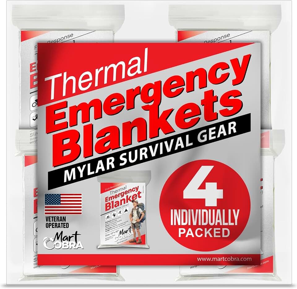 Emergency Blanket Mylar Thermal Space Survival Gear &amp; Supplies 4-Pack Foil | Cold Weather Power Outage Camping Car Winter Storm Heat Reflective Hiking Backpacking Essentials First Aid Marathon Prepper