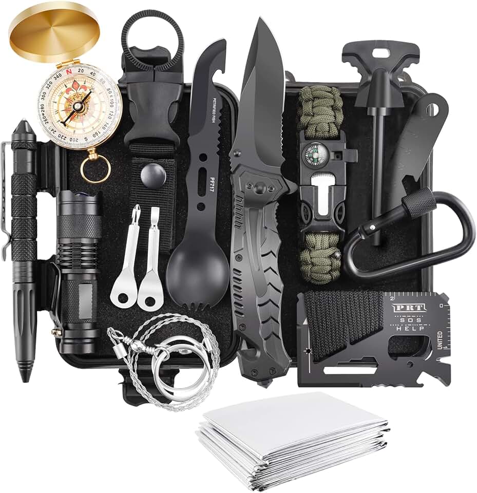 Survival Kit 17 in 1, Survival Gear and Supplies for Adult Teen Men, Survival Case, 2025 Xmas Holiday Surprise Gift for Fishing Hunting Camping Outdoor Adventure Gifts for Men Fathers Day
