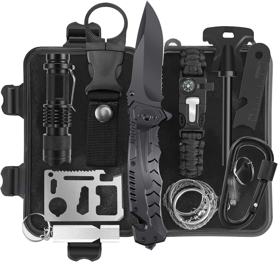 Gearedt Survival Kit, 16 in 1 Professional Survival Gear Tool Emergency Tactical First Aid Equipment Supplies Kits Gifts Idear for Men Him Women Families Hiking Camping Fishing Adventures
