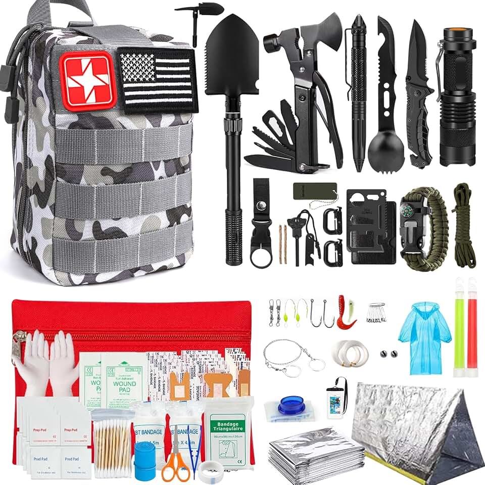 Survival Kit, 251 Pcs Survival Gear Emergency Supplies First Aid Kit | Emergency Survival Kit Camping Essentials Hiking Gear Bug Out Bag, Gifts for Men Dad, Camouflage